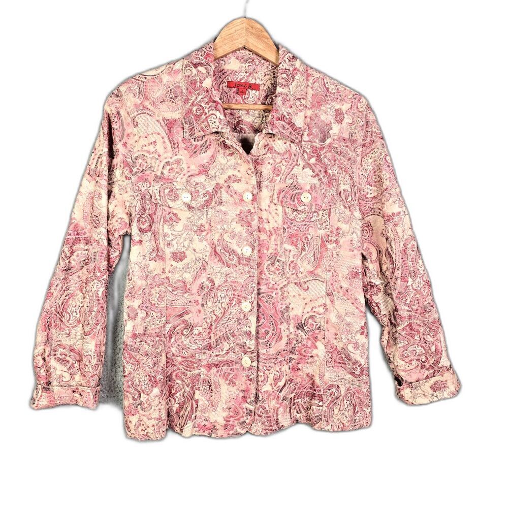Joni B Shacket Pink Paisley L Boho Cotton Pockets Pearlescent Buttons